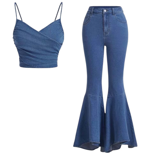 Denim Crop Top Bell Bottom Outfit